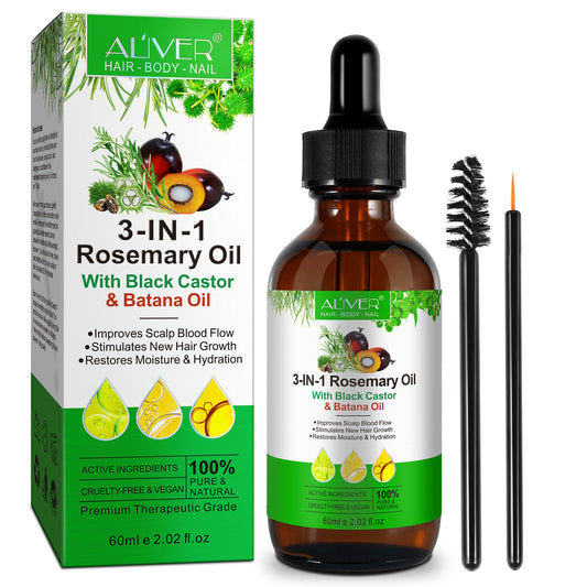 Bibonse 3 in 1 Rosemary Oil for Hair Growth, 100% Natural Hair Growth Oil with Rosemary, Jamaican Black Castor and Batana Oil, Promotes Hair Regrowth, Nourishes Scalp, Hair Loss Treatment, 2.02 fl.Oz