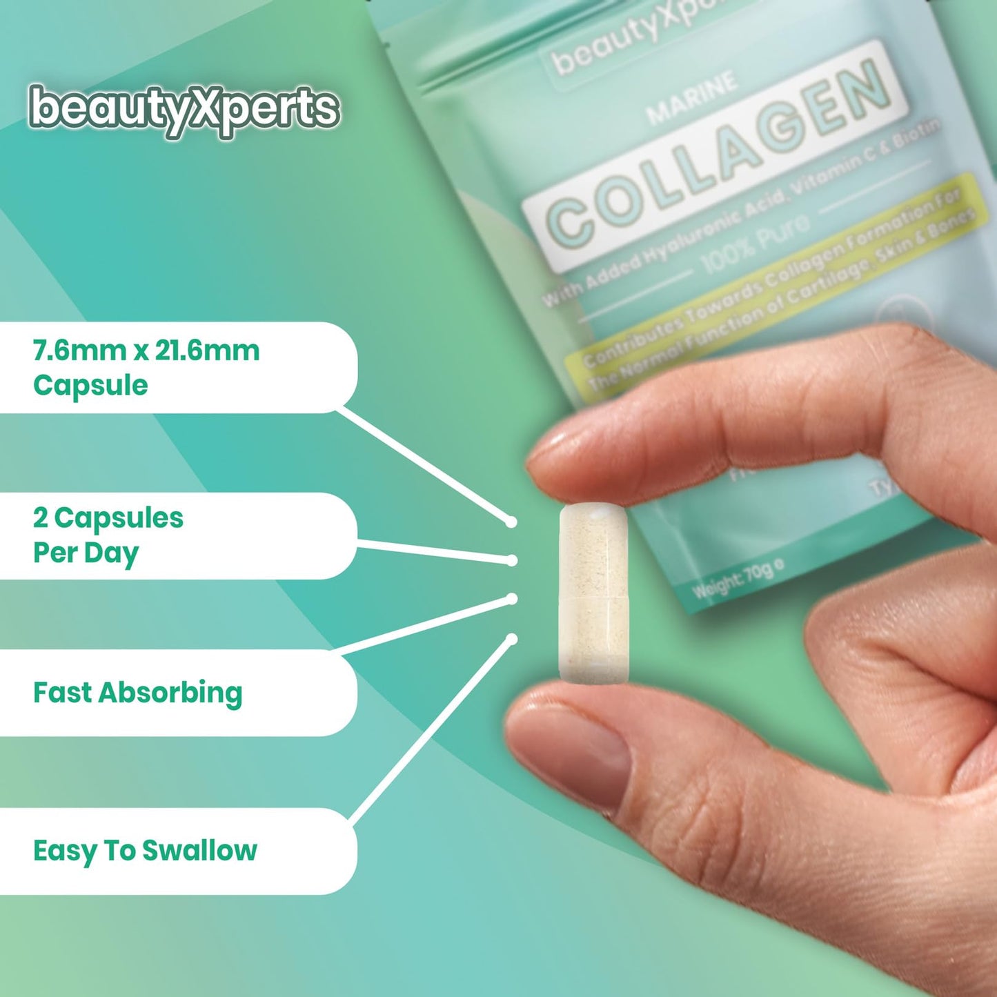 BeautyXperts Marine Collagen Capsules | with Biotin, Hyaluronic Acid & Vitamin C | High Strength Pure Collagen Peptides Supplements for Women and Men | 60 Capsules (Not Tablets or Powder)