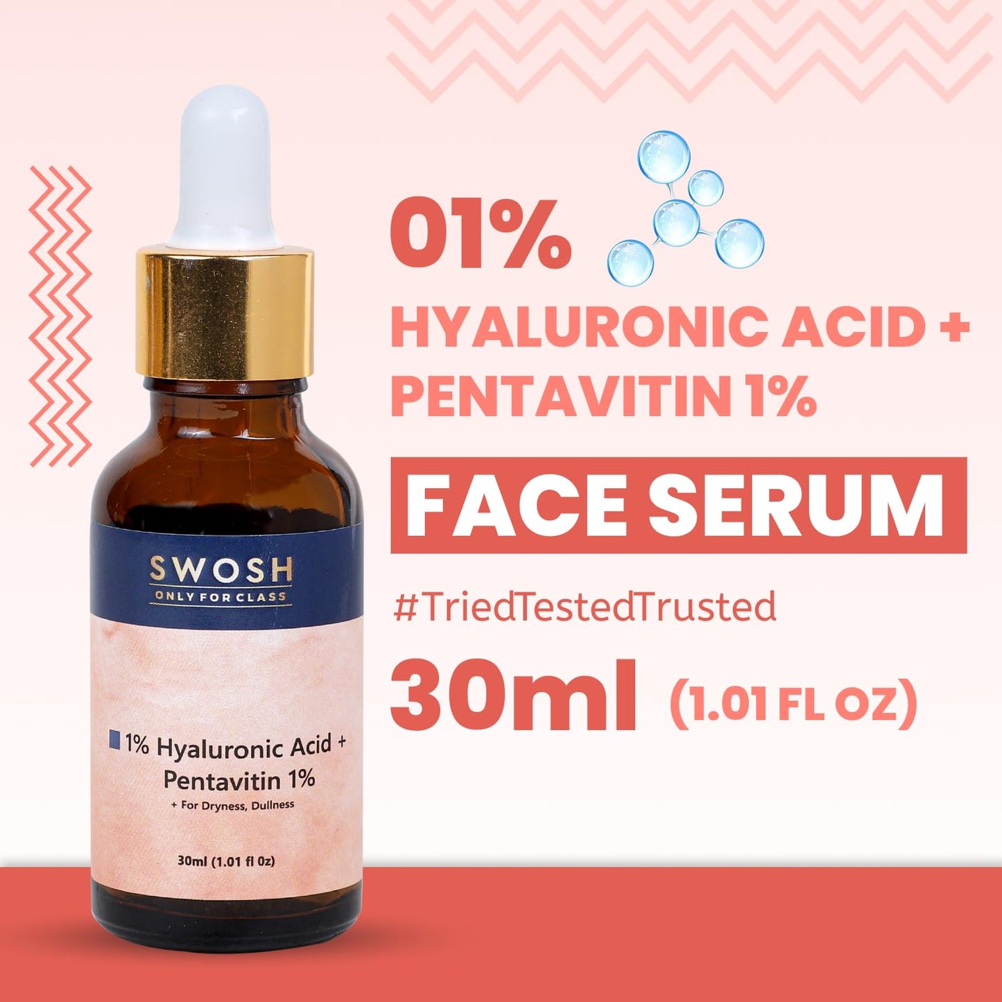 SWOSH 1% Hyaluronic Acid Serum 30 ML Lightweight & Hydrating Serum For Intense Hydration(Normal To Dry SKIN) With Glycerine and Aloe Vera For Skin Illumination