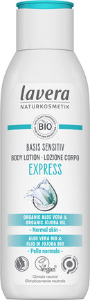 lavera basis sensitiv Body Lotion Express - Body Lotion - organic aloe vera & organic jojoba oil – deep moisture & long lasting care - 24h moisturizing care - natural cosmetics - vegan - organic (1 x 250 ml)