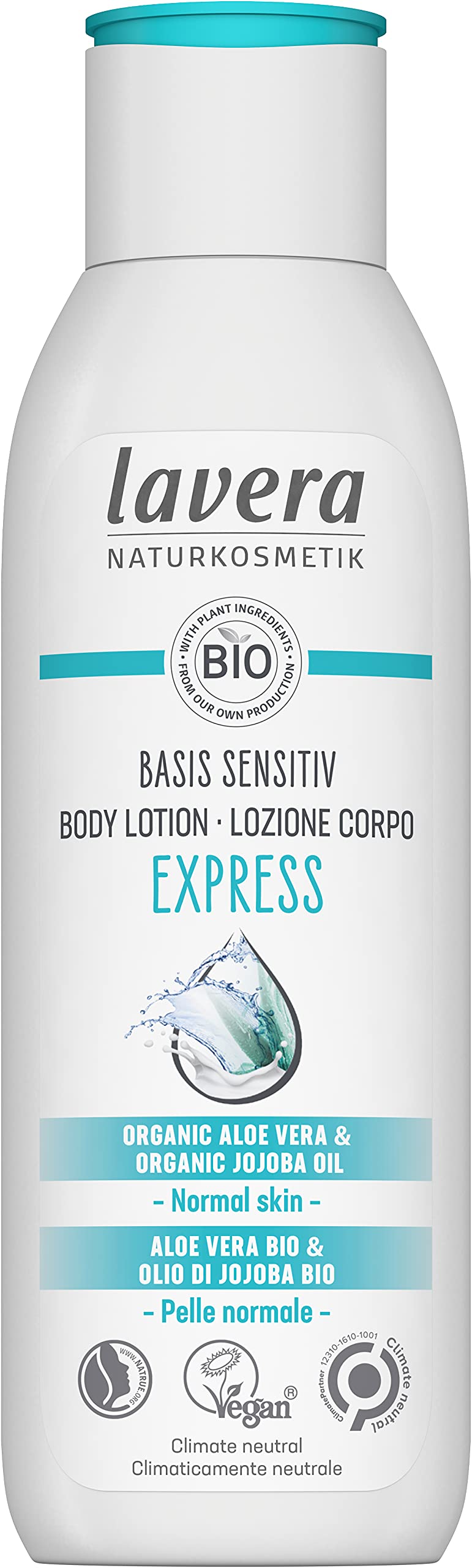 lavera basis sensitiv Body Lotion Express - Body Lotion - organic aloe vera & organic jojoba oil – deep moisture & long lasting care - 24h moisturizing care - natural cosmetics - vegan - organic (1 x 250 ml)