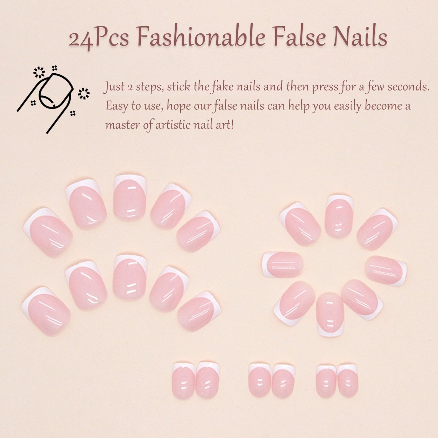 EONFAVE 24 Pcs French False Nails - Press on Nails - Full Cover False Nails Nude White Square Stick on Nails - French Fake Nails Stick on Nails for Women and Girlfriend Nail Art