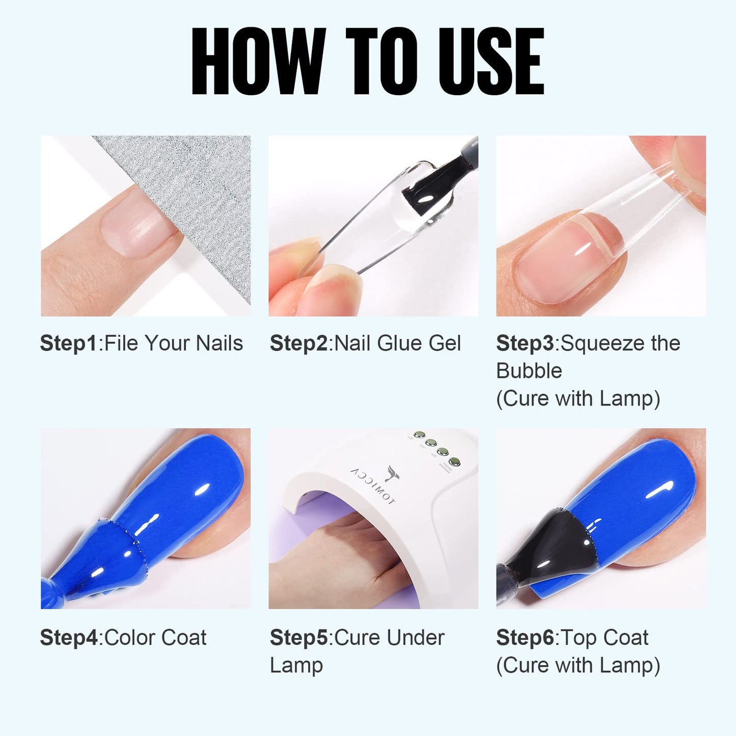 TOMICCA Gel Nail Glue Set, 8 in 1 Nail Glue and No Wipe Top Coat Kit for Acrylic Nails, Super Strong Brush On Nail Glue Gel and Top Coat for False Nails and Gel Nail Polish, UV/LED Lamp Cure Required