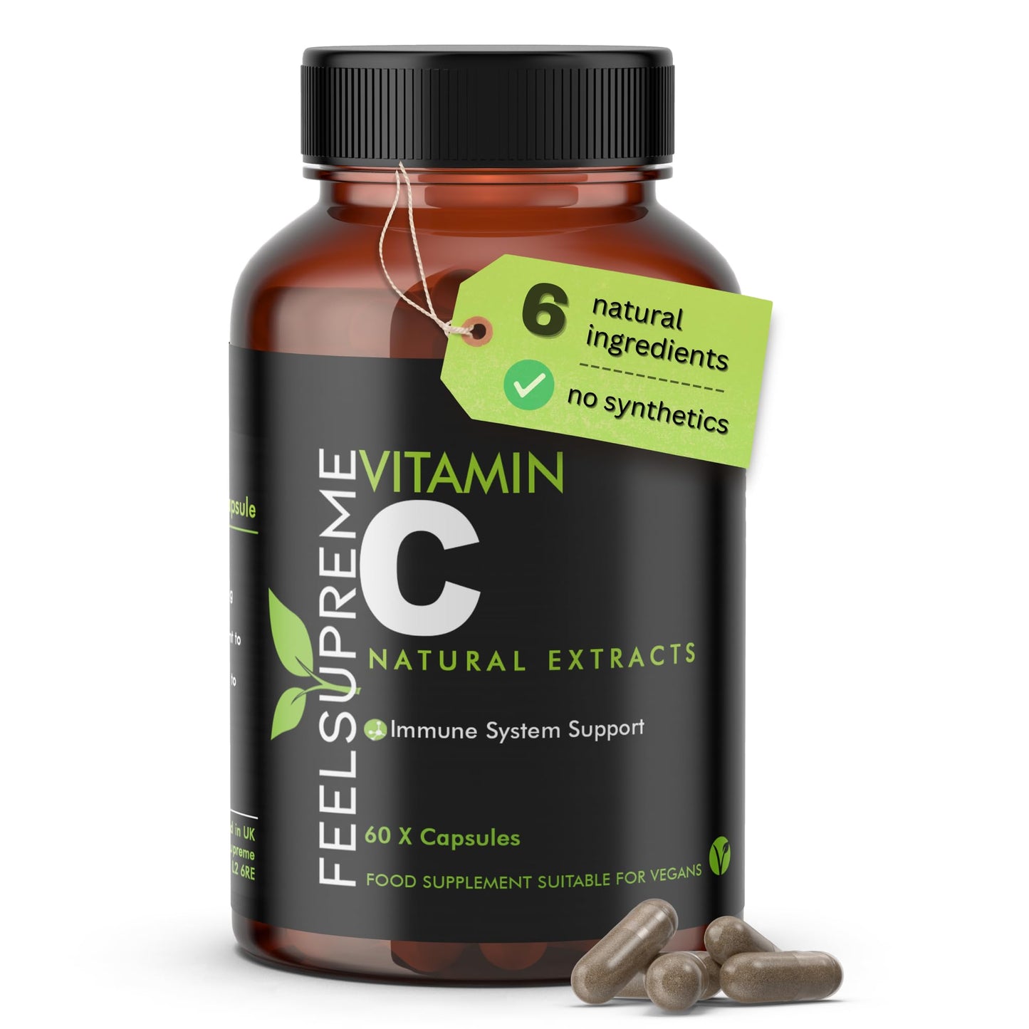 Feel Supreme 100% Natural Vitamin C 60 High Strength Food State Non-Synthetic Capsules Supplement Immune System Support No Nasty Fillers or Binders