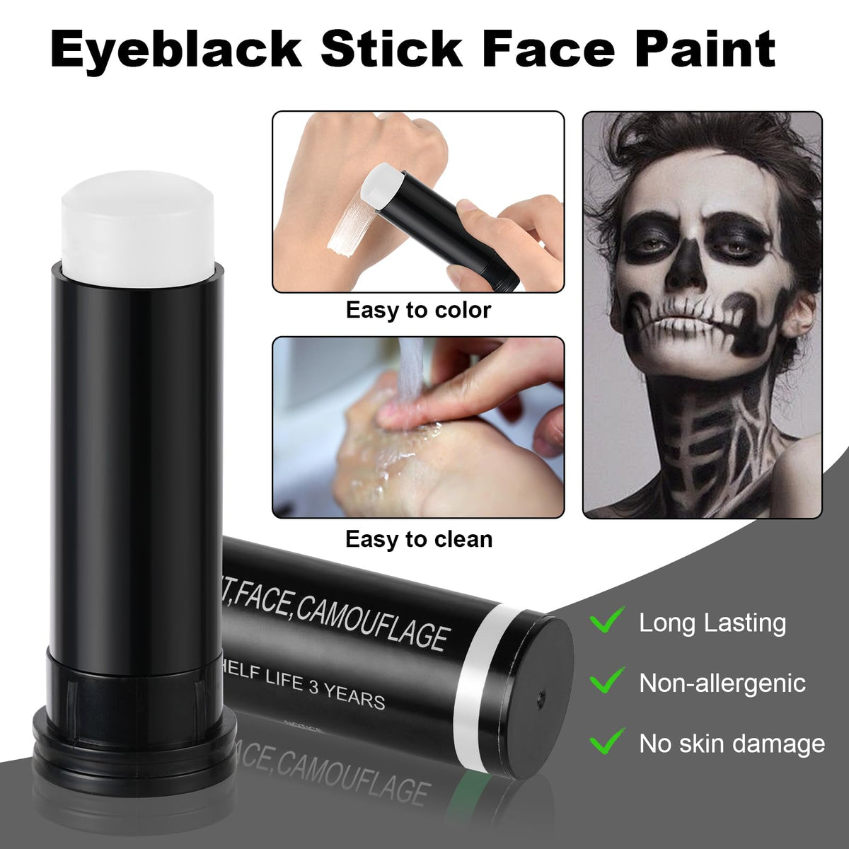 Aomig Black Face Paint Stick, Eye Face Body Paint Stick Colors Tube Waterproof Face Paint For Sports Baseball Softball Football Athletes Halloween Game Cosplay Costume Party Makeup Stick