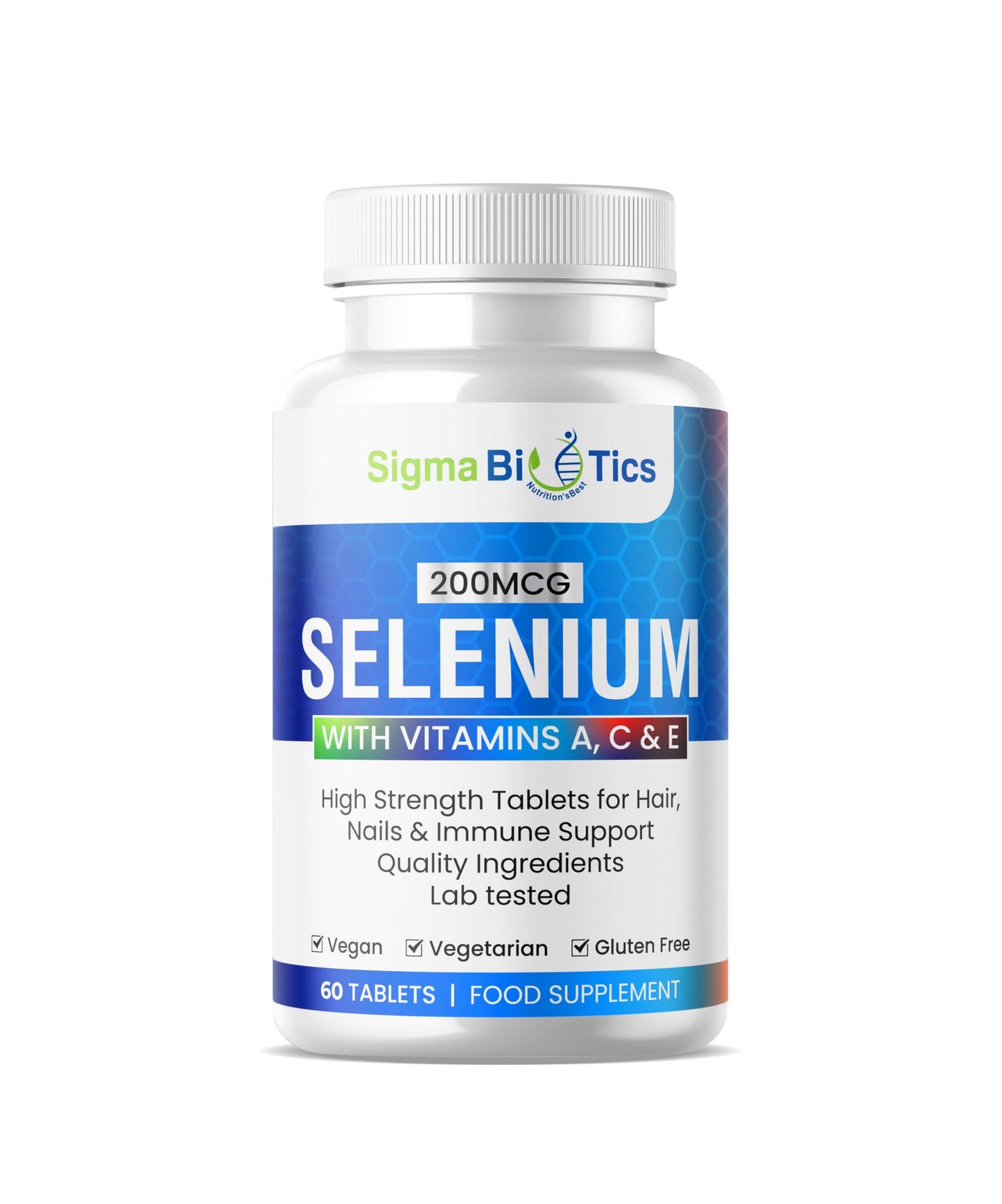 SigmaBiotics Selenium with Vitamins A, C & E - Promotes Healthy Hair, Skin & Nails - Supports The Immune System - Superior Absorption Formula - Vegan and Gluten Free - 60 Tablets
