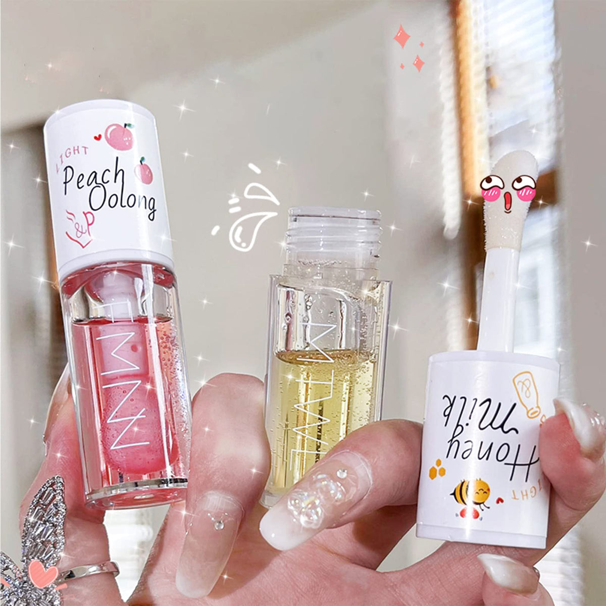 KTouler Crystal Jelly Moisturizing Lip Oil 2Pcs Hydrating Gloss Set Plumping Balm Long Lasting Glow Care Tools