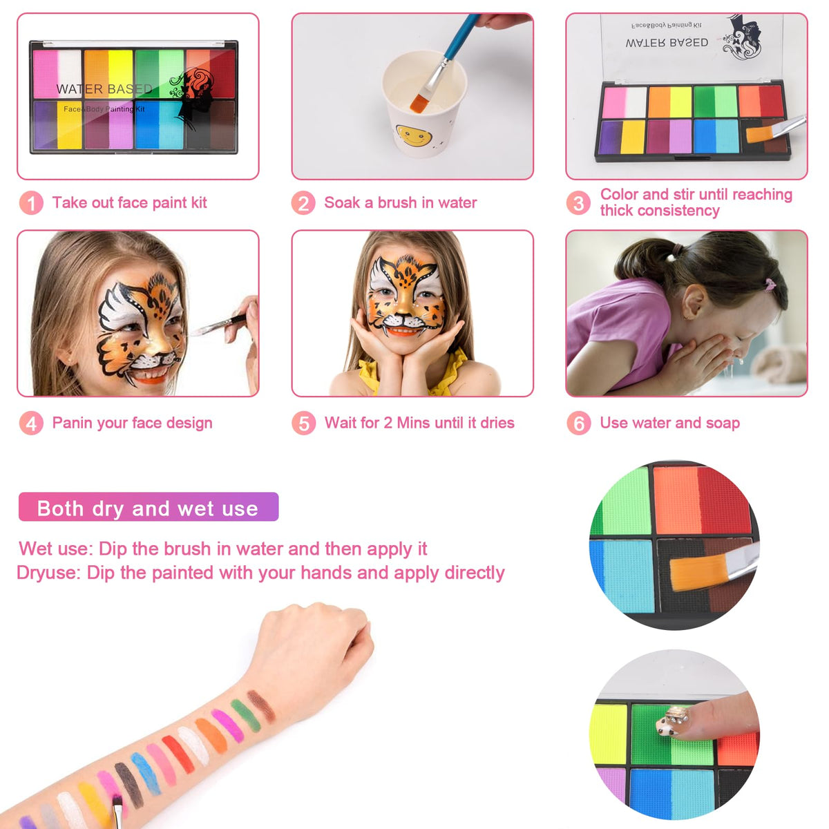 selutiya Selutiya Face Painting Kit 16 Colors Face Paint With 11Paint Brushes Safe and non-toxic Rainbow Face Paint Body Paint for Kids Adults Suitable for various festival makeup, party role play