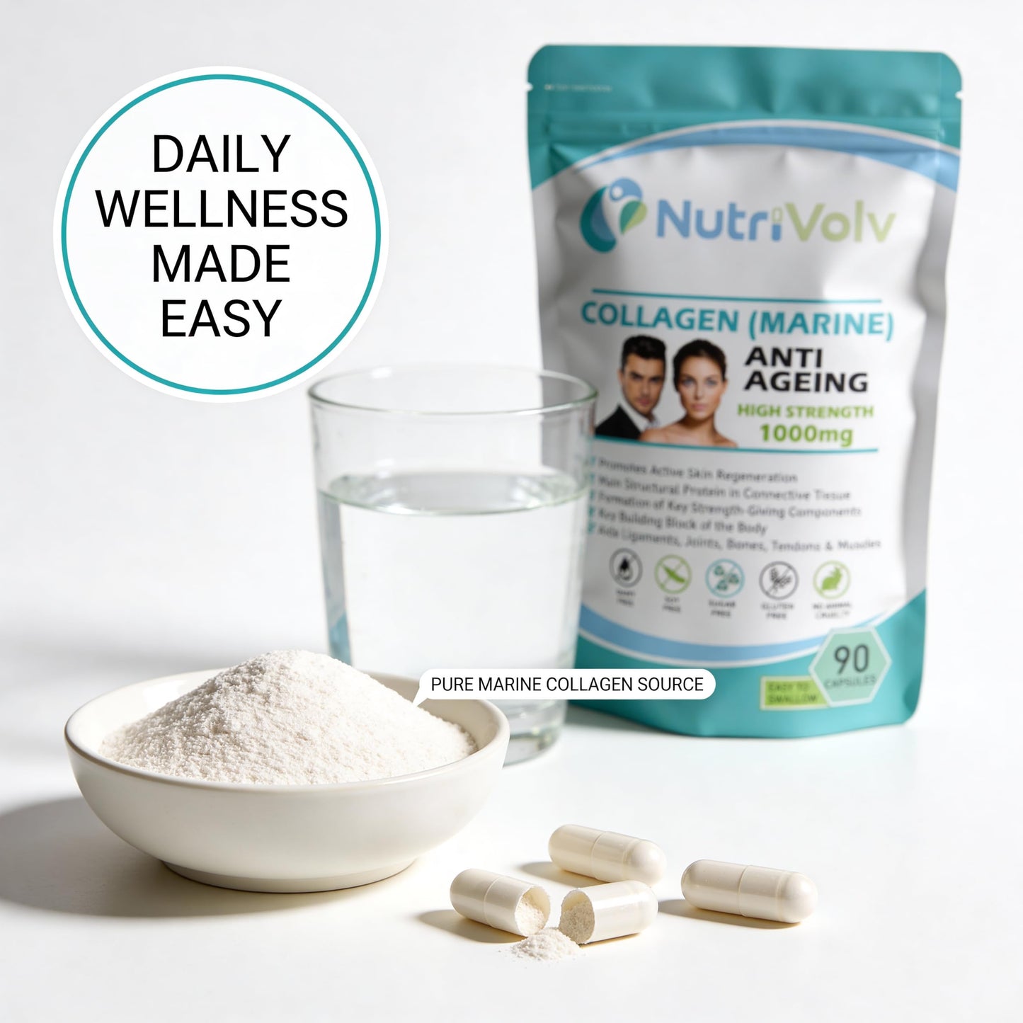 NutriVolv Collagen Marine 1000mg Supplement | Anti-Ageing Support for Skin, Joints, Bones, Muscles & Tissue Health | 90 Capsules | Boosts Skin Elasticity & Joint Mobility