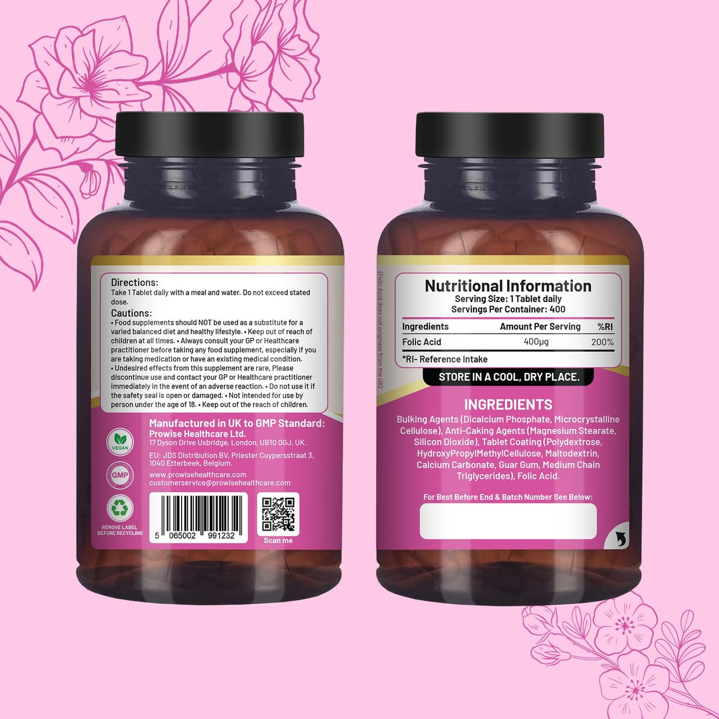 PH PROWISE Healthcare Folic Acid Tablets 400 mcg - 400 Vegan Vitamin B9 Tablets | 13 Month Supply | Vitamin B9 Pregnancy Care | Normal Function of Immune System & Maternal Tissue Growth During Pregnancy | UK Made – Prowise
