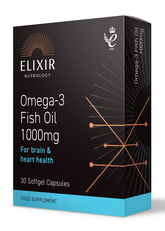 ELIXIR NUTROLOGY Omega-3 Fish Oil 1000mg 30 Softgel Capsules – Supports Heart & Brain Health, Rich in EPA & DHA, with Vitamin E for Cellular Health Protection.