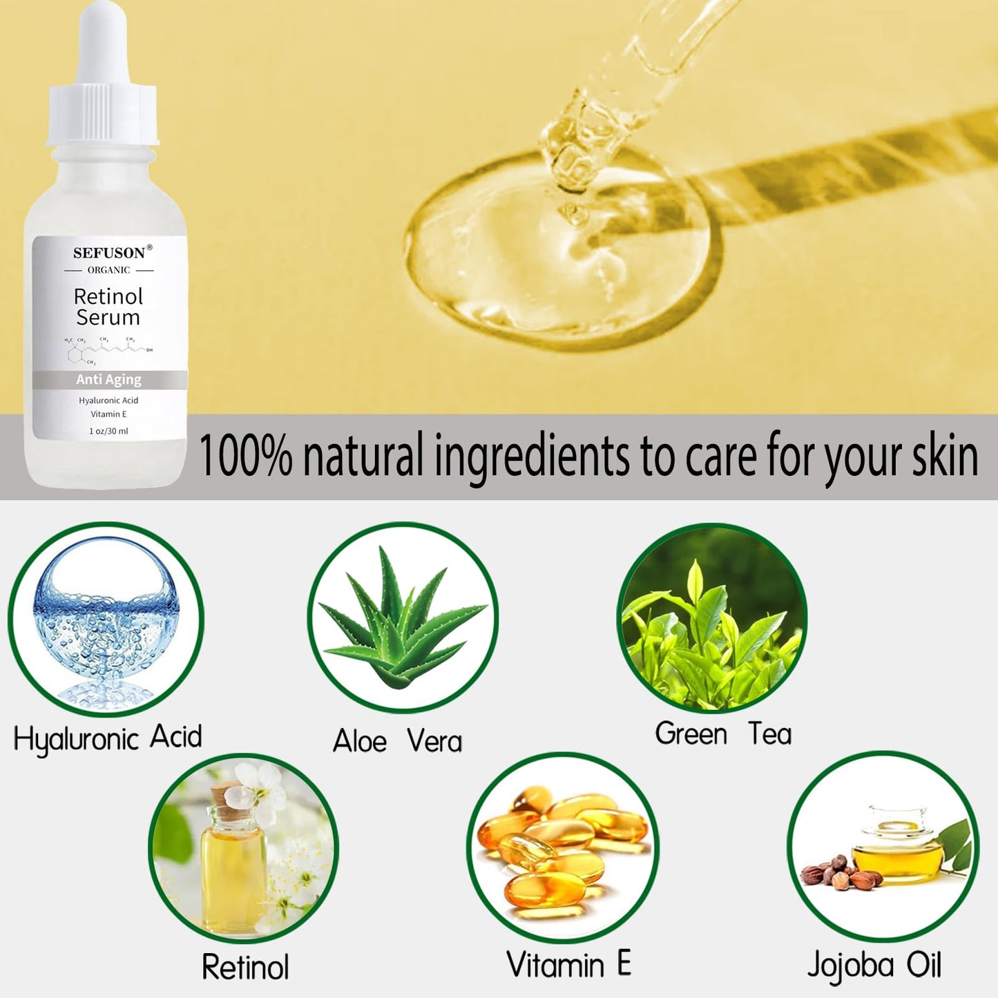 SEFUSON Retinol Serum, High Strength Anti-aging Serum with Hyaluronic Acid & Vitamin E, Face Serum, for Wrinkles, Pigmentation, Fine Lines & Sensitive Skin.1Oz
