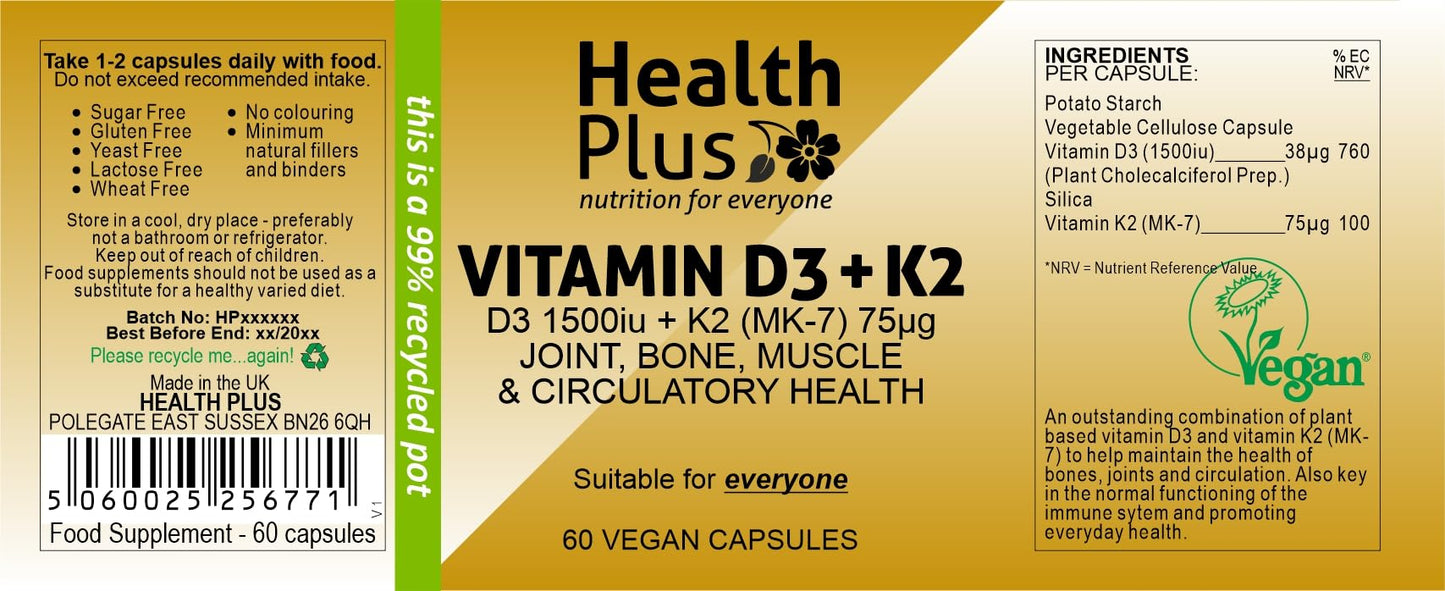 Health Plus Vitamin D3 1500iu (38µg) + K2 (MK-7) 75µg : Vitamin D & K2 Supplement : 60 Vegan Capsules, in a Planet-Friendly 99% Recycled Pot