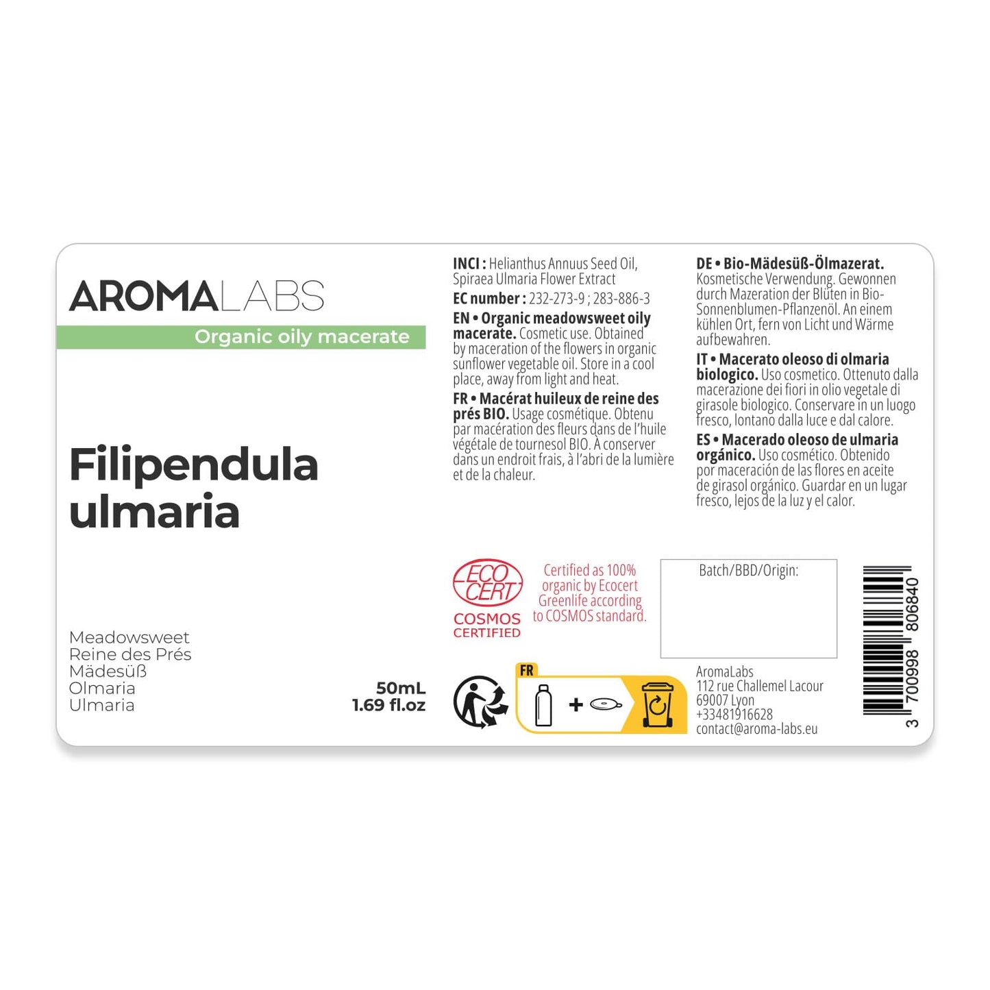 Aroma Labs ORGANIC - MEADOWSWEET Infused Oil - 50mL - 100% Pure, Natural and Cosmos Certified - AROMA LABS (French Brand)