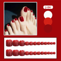 NICENEEDED 24 PCS Red Press on False Toe Nails, Short Glue on Acrylic Toenails, Glossy Reusable Artificial Stick on Fake Toe Nails for Women Nail Salon and Nail Decoration