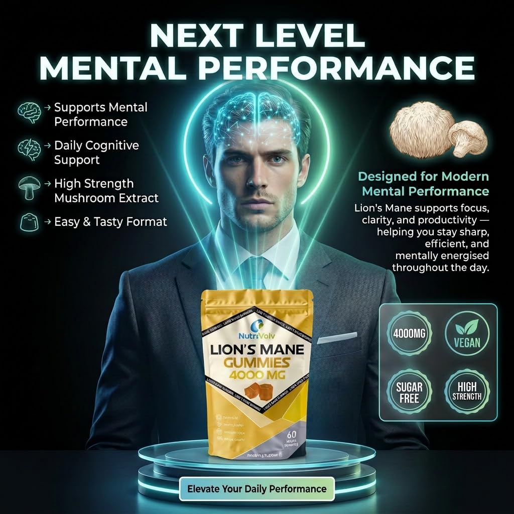 Lions Mane Gummies 4000mg | Super Strength Lion's Mane Supplement | 1 Month Supply | Mushroom Extract | Pineapple Flavour | 60 Vegan Gummies | Sugar Free | Focus, Mental Performance | by NutriVolv
