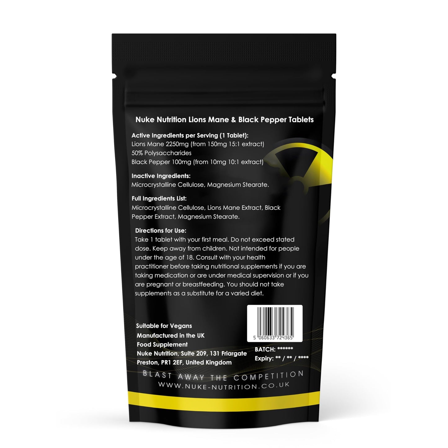 Nuke Nutrition Lions Mane & Black Pepper Capsules x60 - Pure Extract Lion's Mane - High Strength Lions Mane Supplement - Mushroom Complex - Lion's Mane Mushroom Brain Supplement