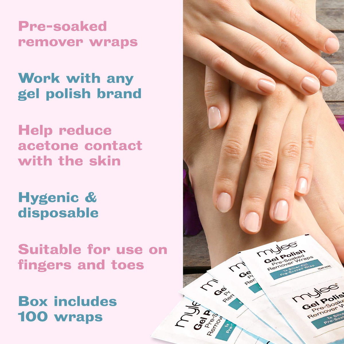 MYLEE Mylee Professional Salon Gel Polish Remover Pre-Soaked Acetone Pads and Foil Wraps for Manicure and Pedicure, Nail Art Cleaner - (100 wipes)