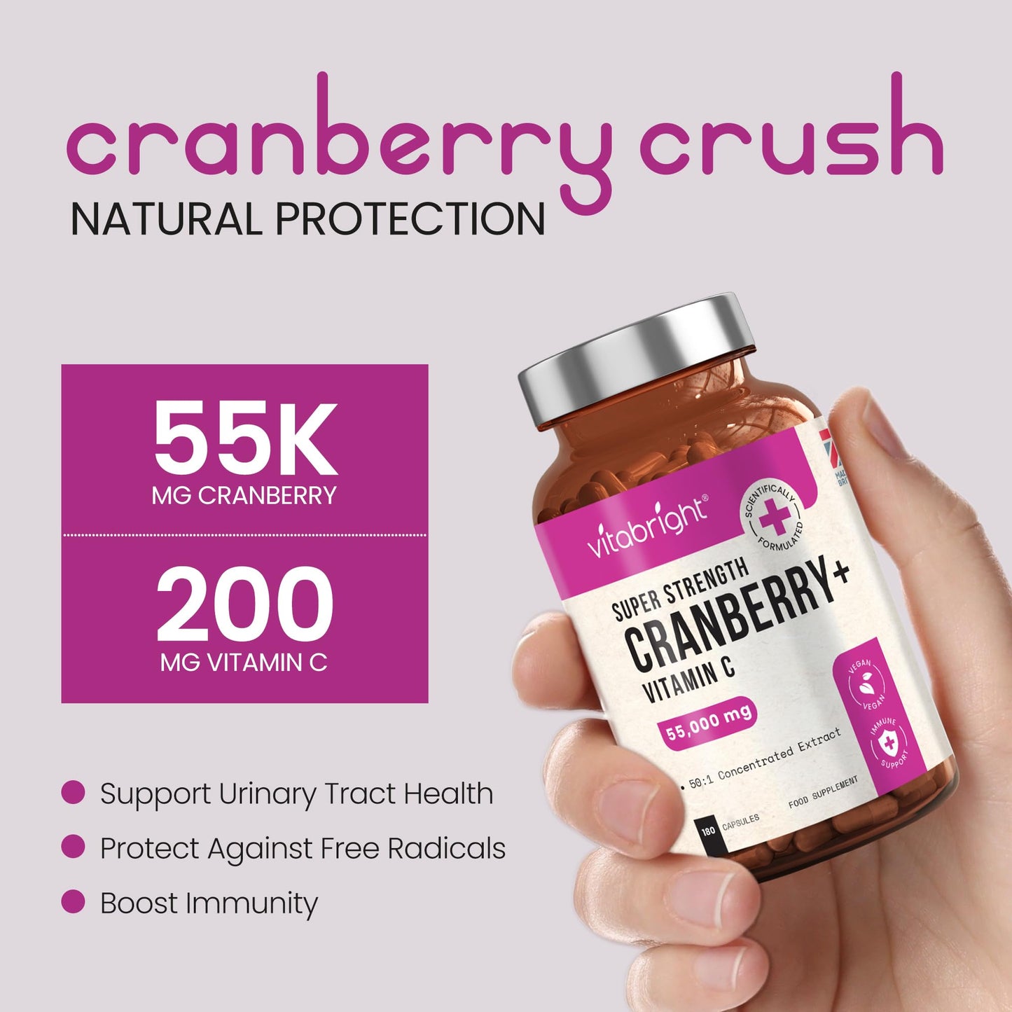 VitaBright Cranberry Tablets for Urinary Infections 55,000mg | Strongest Cranberry Supplements for Women - Bladder, Cystitis Treatment Women, UTI Treatment for Women | Cranberries Extract Capsules Vitabright