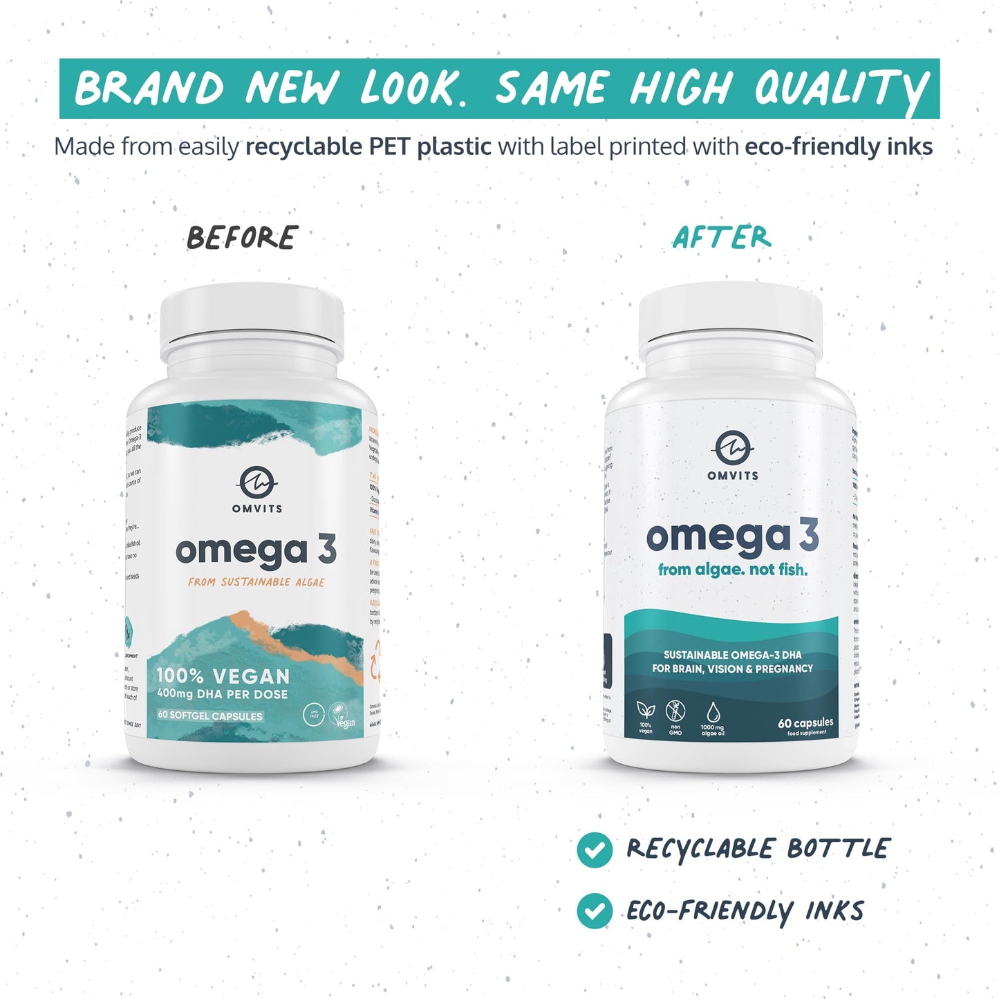 Omvits Vegan Omega 3 DHA from Algae Oil 1000mg - 60 Softgel Capsules with Vitamin E - Sustainable Algal Alternative to Fish Oil - Vegetarian Essential Fatty Acids - Supports Heart, Brain & Eyes