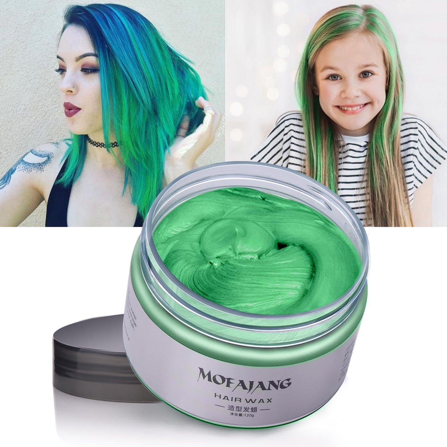 MOFAJANG Hair Colour Wax, 120g Temporary Coloured Hair Paint Wax, Easy Washable Colour Change Hair Dye for Kids,Women,Men(Green)