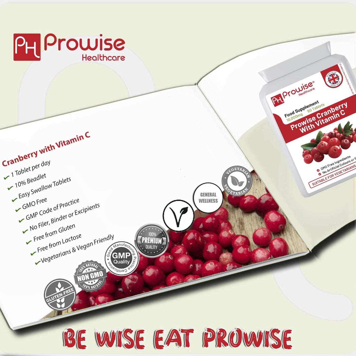 Double Strength Cranberry Tablets 10,000mg I 90 Cranberry Tablets High Strength with Added Vitamin C I Made in The UK by Prowise Healthcare