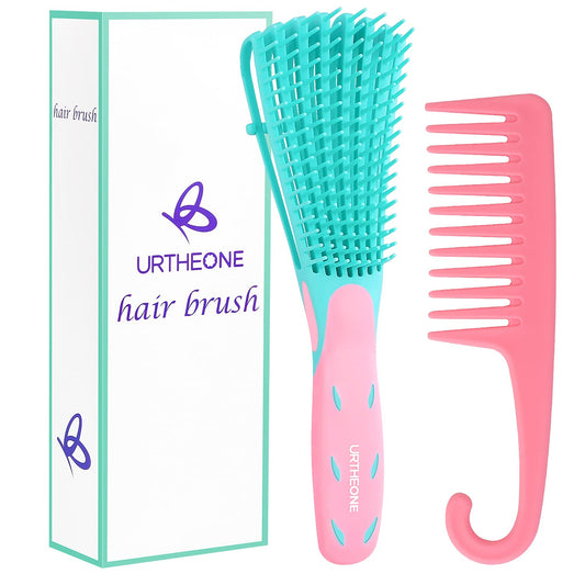 URTHEONE Hair Brush,Detangle Hair Brush, Detangler Brush for Women Men Adults Kids Afro American Type 3a-4c, Detangling Nylon Bristle Brush for Kinky Curly Coily Wavy Wet and Dry Hair,Pinkgreen