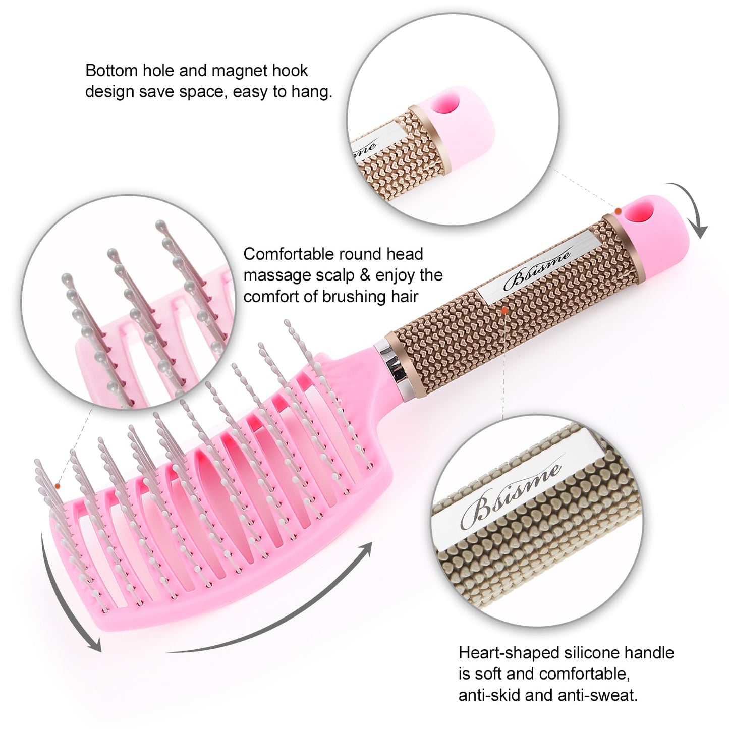 Bsisme 2Pcs Hairbrush for Women, Men and Kids, Detangling Curved Vent Brush for Long Thick Thin Curly Wet or Dry Hair, Styling Tool (Pink & Black)