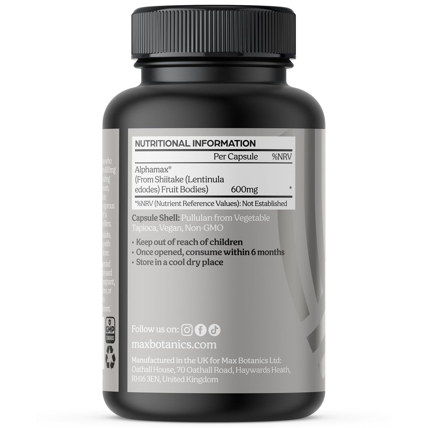 Max Botanics ALPHAMAX® Cellular Health, Natural Defence & Vitatlity Active Hexose Correlated Compound High Strenth AHCC Supplements 600mg Shiitake Mushroom Extract Vegan 120 Capsules UK Made