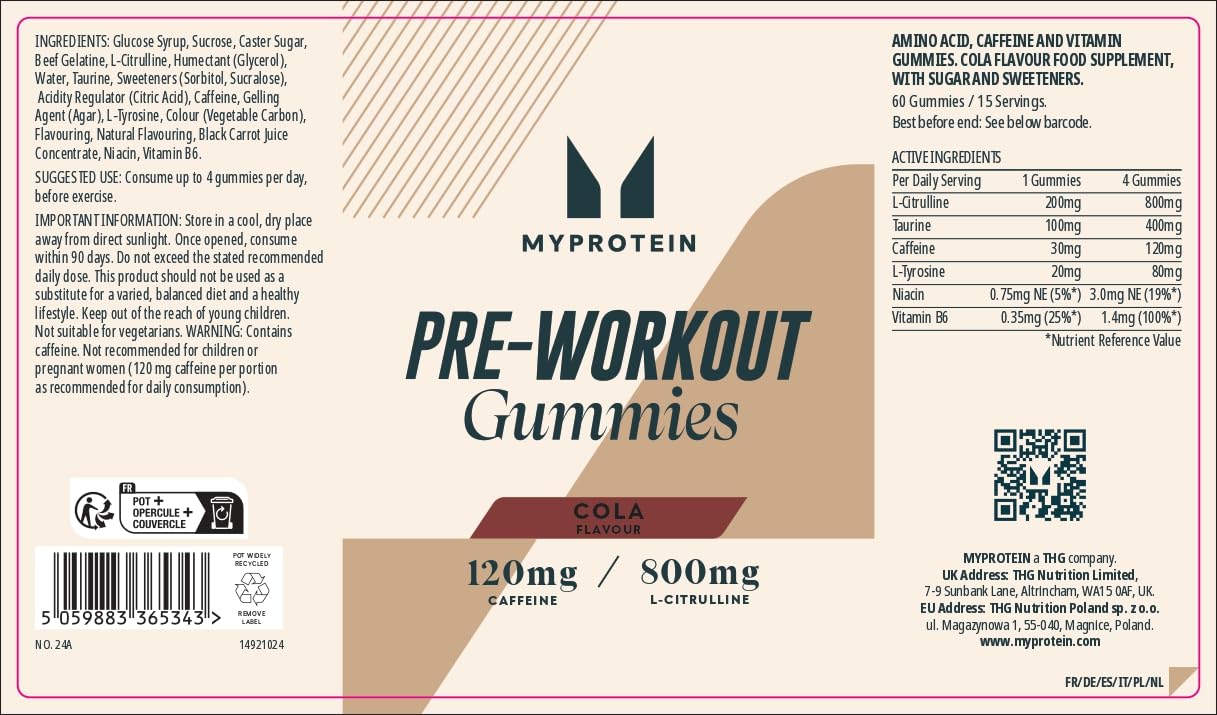 Myprotein Pre-Workout Gummies – Cola Flavour – Energy-Boosting Caffeine Gummies with L-Citrulline, Taurine, and B Vitamins – Fast-Acting & Convenient Pre-Workout Supplement