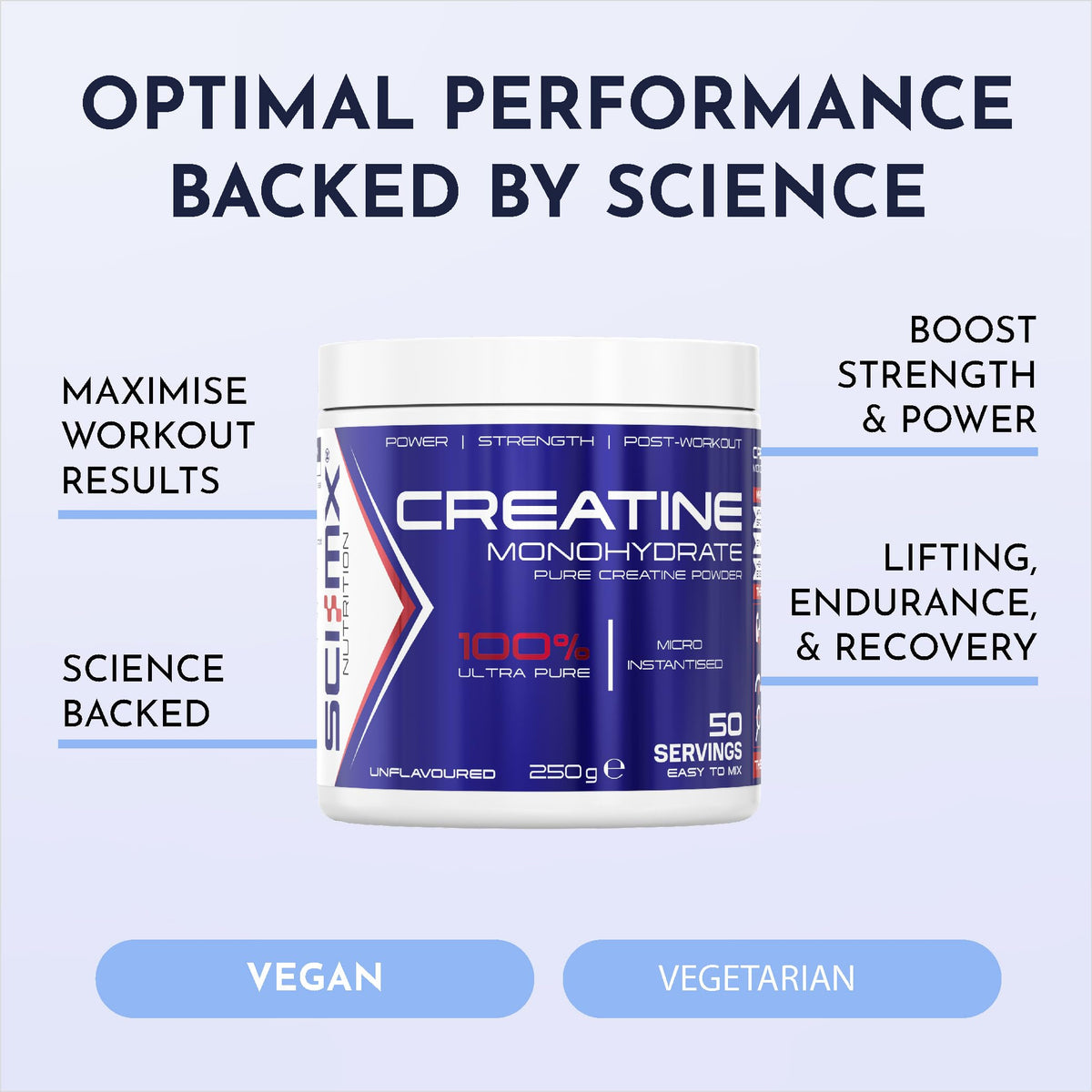 SCI-MX Creatine Monohydrate Powder • 250g • 100% Ultra Pure Micro-Instantised Creatine • Easy to Dissolve & Unflavoured • Supplement for Strength, Power & Performance • Vegan • for Men & Women