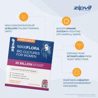 MaxiFlora Probiotics for Women, Intimate Flora Bio Cultures, 20 Billion CFU. 30 Vegan Capsules, 1 Month Supply.