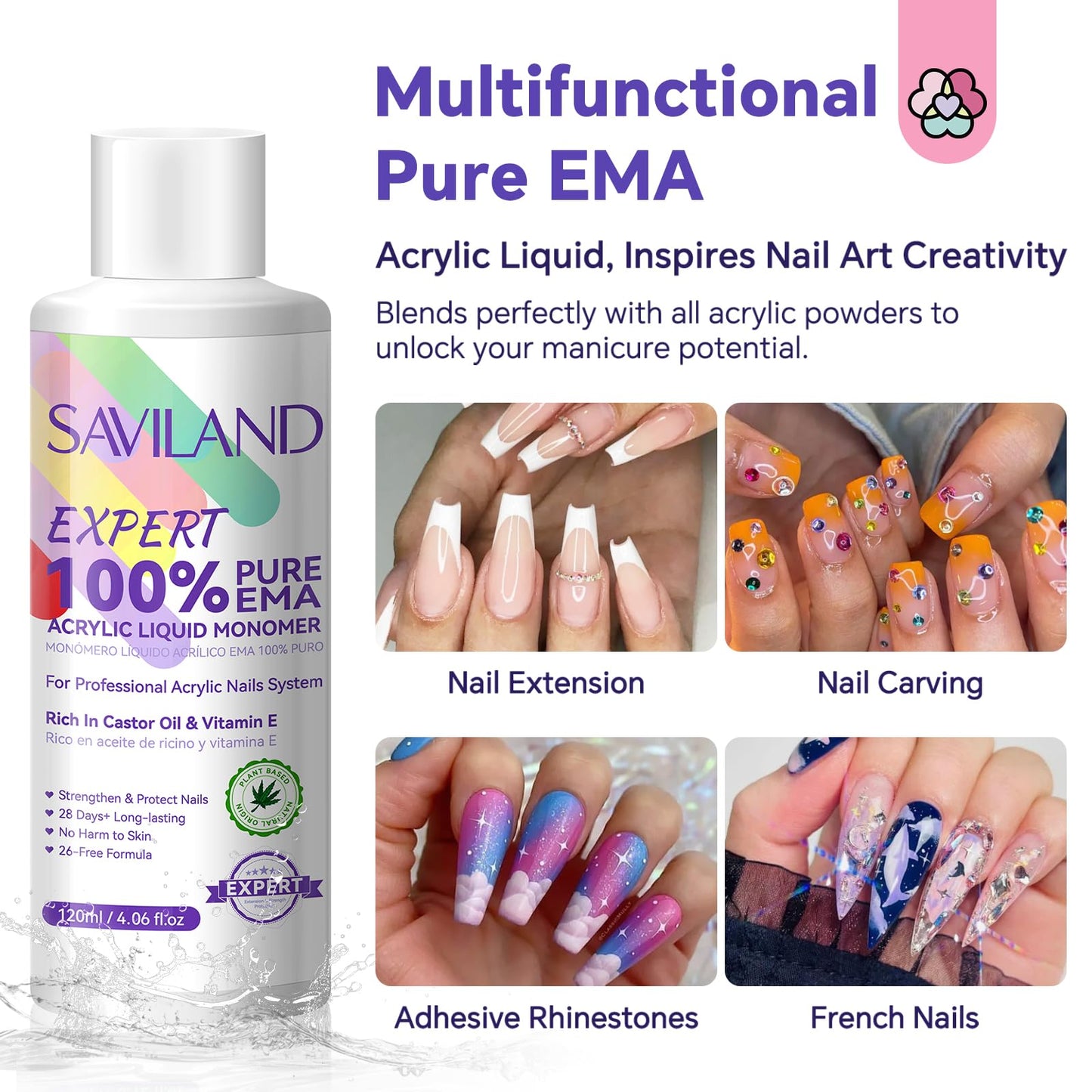 Saviland SAVILAND Pure EMA Acrylic Liquid: 120 ml Acrylic Monomer Liquid Low Odor Acrylic Liquid Nail with Castor Oil Vitamin E Safe Ingredients Liquid Monomer for Acrylic Nails Non Yellowing DIY Home