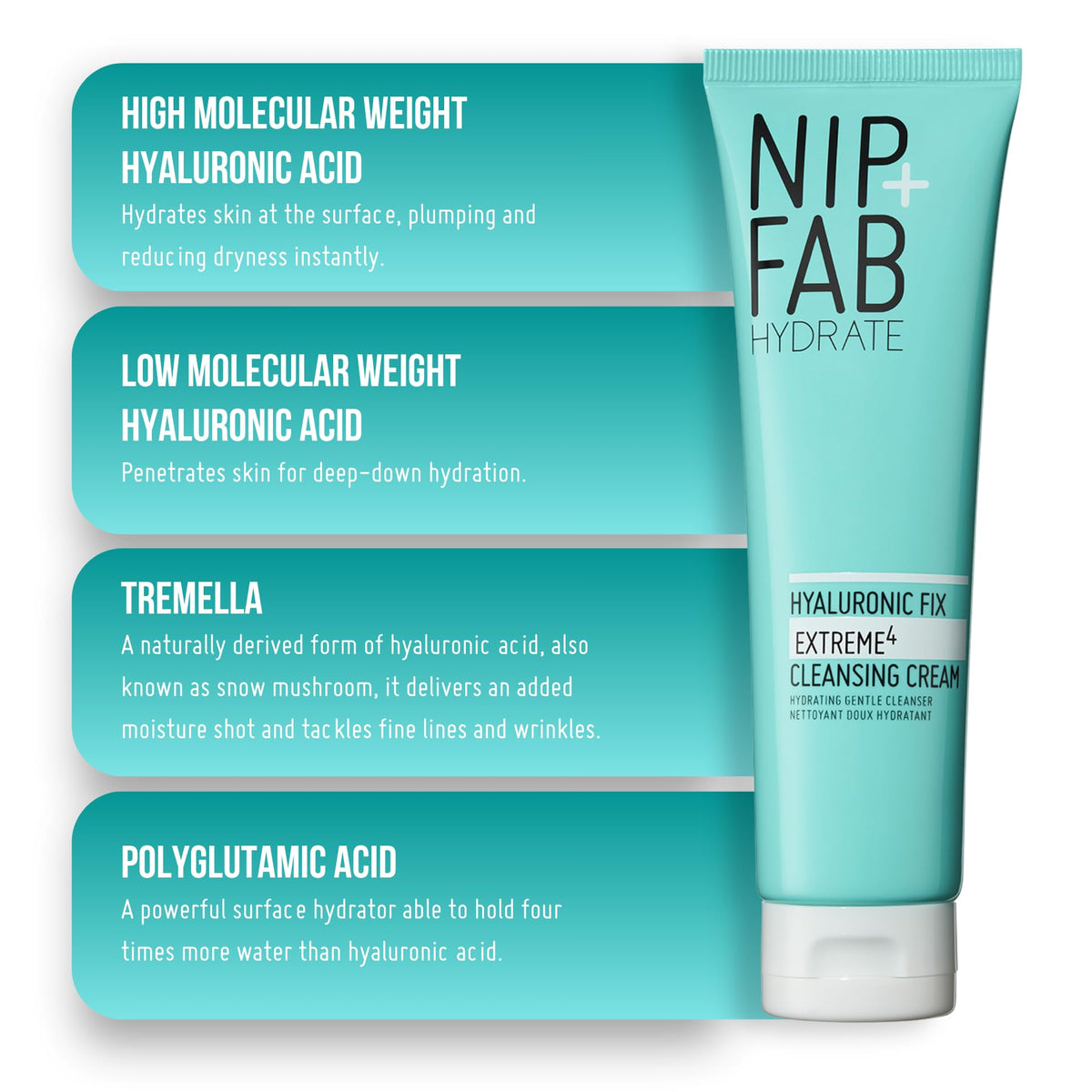 Nip+Fab Nip + Fab Hyaluronic Fix Extreme4 Cleansing Cream – Hydrating Face Wash with 2% Hyaluronic Acid Complex & Polyglutamic Acid to Plump and Cleanse, Vegan, 150ml