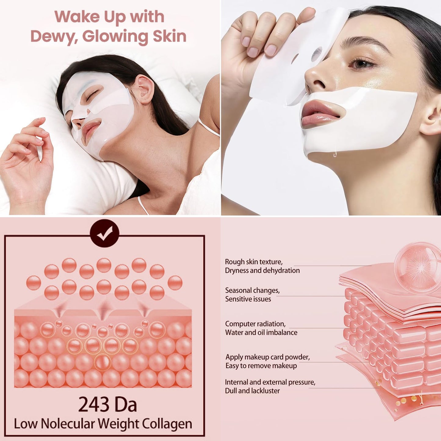 8 Pack Bio Collagen Face Mask, Overnight Collagen Face Masks for Skin Care, Elasticity Improvement, Pore Minimizing, Anti-Aging, Hydrating Sheet Hydrogel Masks
