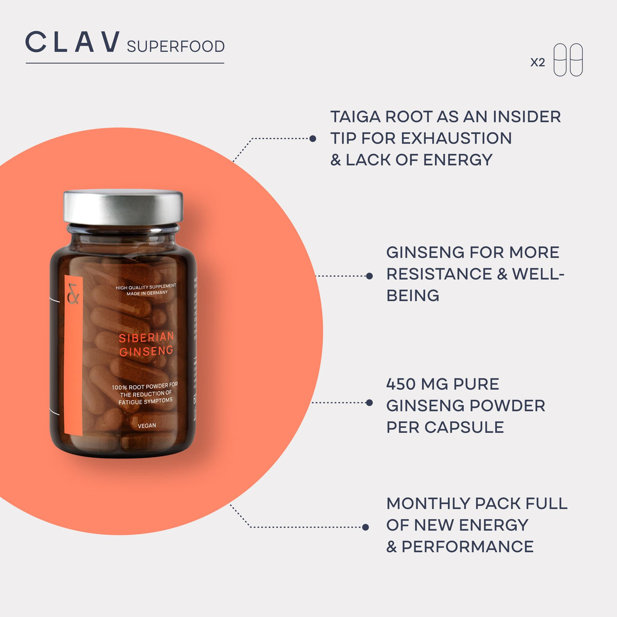 CLAV Siberian Ginseng Extract - 900mg Eleutherococcus Root Powder - Reduction of Tiredness & Fatigue - 60 Ginseng Capsules - Vegan - Made in Germany