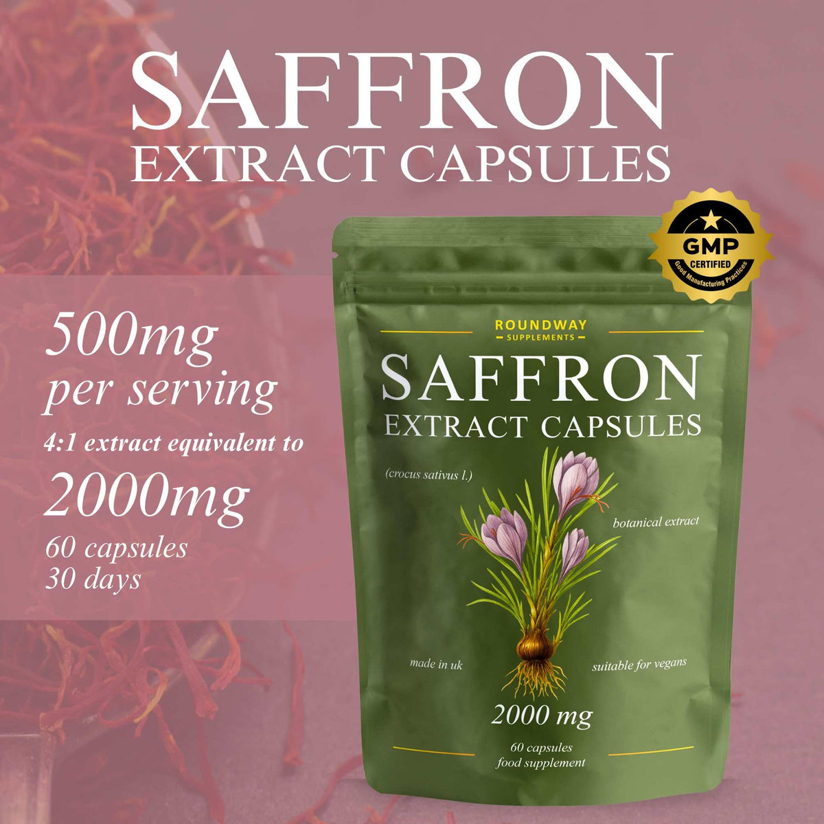 Saffron Supplement | 2000mg High Strength Extract Capsules for Mood Balance & Energy | 60 Capsules, 1 Month Supply | Made in The UK by Roundway Supplements