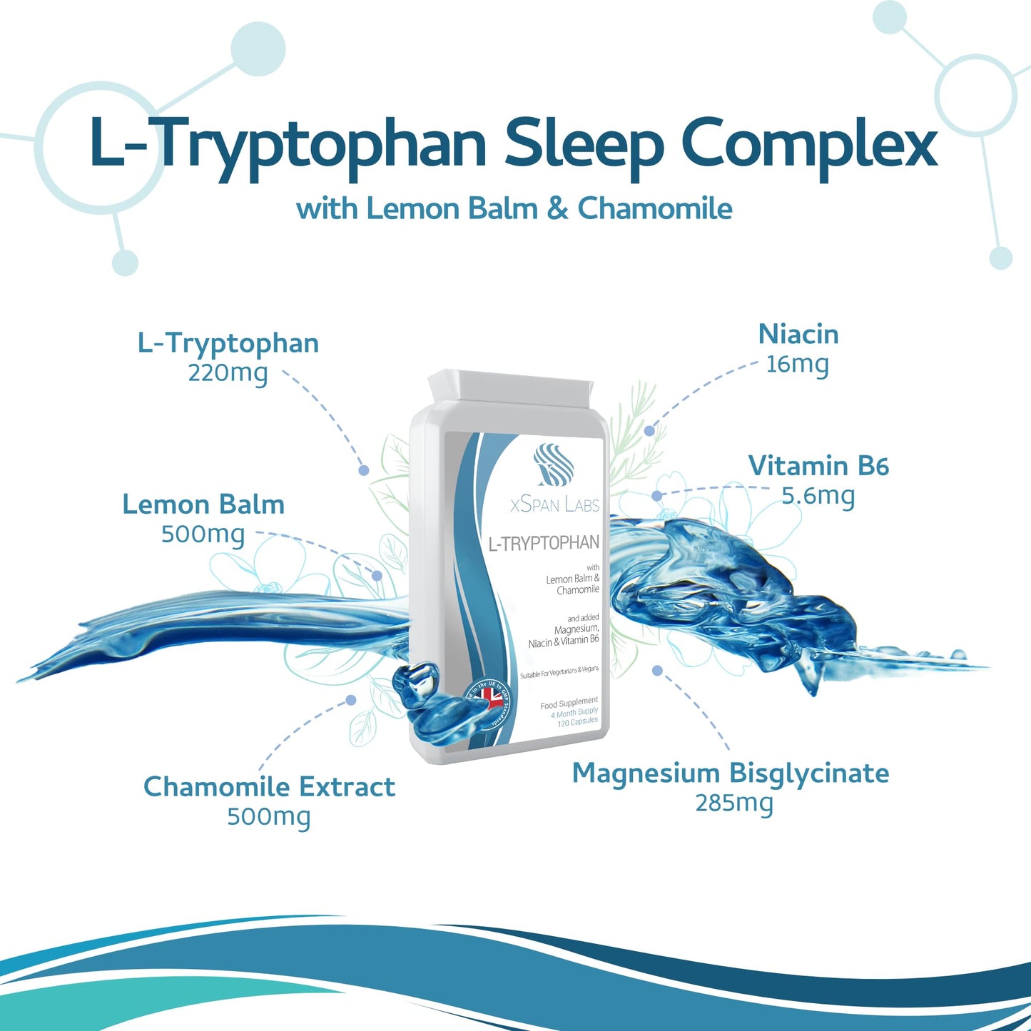 L-Tryptophan Sleep Complex with Lemon Balm & Chamomile, Enhanced with Magnesium, Niacin, and Vitamin B6 - A Natural Alternative to Melatonin - 120 Capsules for a 4-Month Supply – Made in The UK