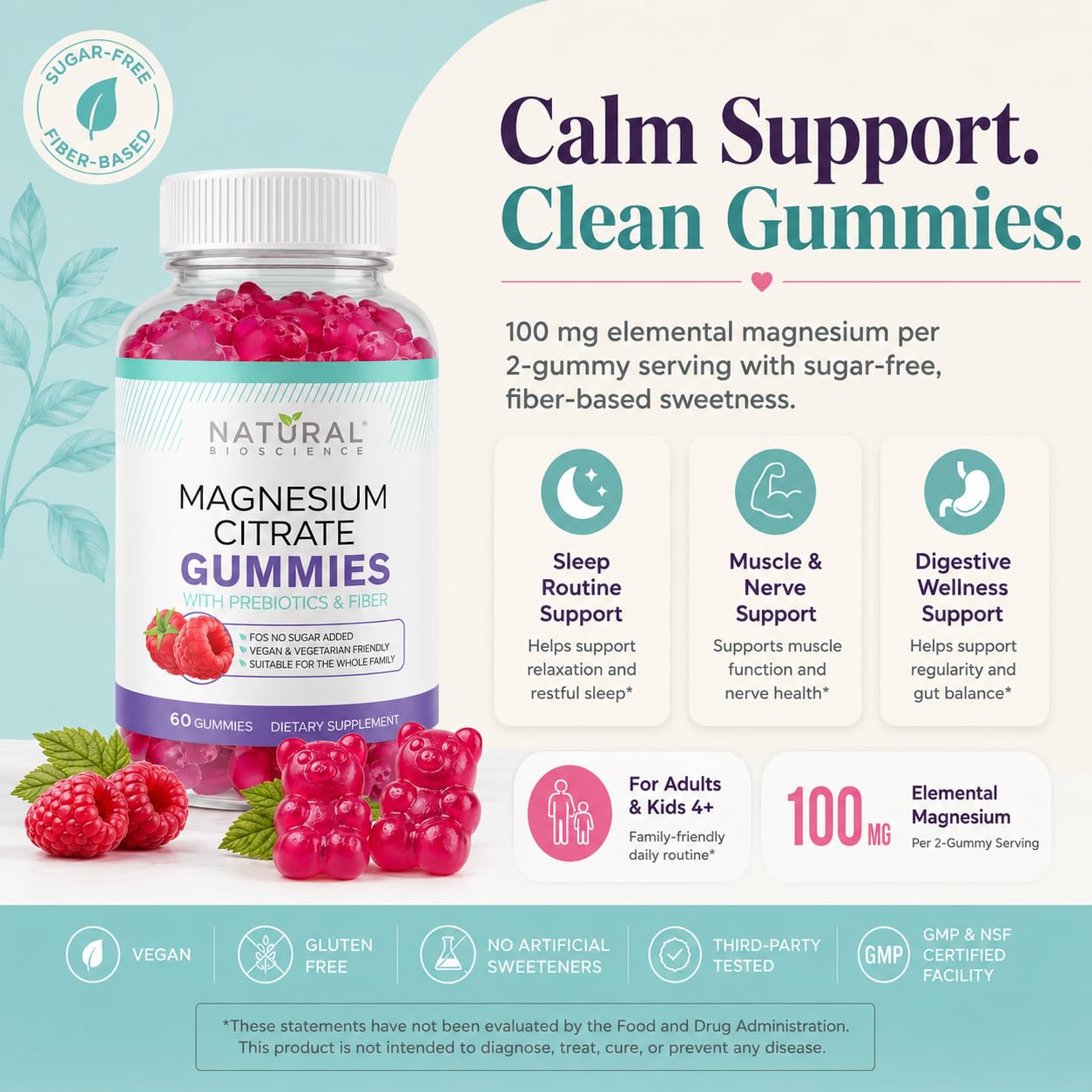 Natural BioScience Magnesium Citrate Gummies | 180 Magnesium Supplements - 100mg of Magnesium Citrate per Serving | Raspberry Flavoured - Suitable for Adults & Children | Sugar Free, Non-GMO & Vegan