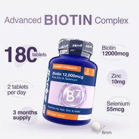 Zipvit Biotin Hair Skin & Nails Complex with Zinc & Selenium 12000mcg, 180 Vegan Tablets, High Strength Biotin for Men and Women