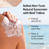 Tallow Sunscreen Face Cream SPF 50 – Natural Mineral SunCream - Organic Sun Cream for Skincare – Non-Greasy Beef Tallow Sunscreen Moisturising Base for Outdoor Use, Fast Absorbing