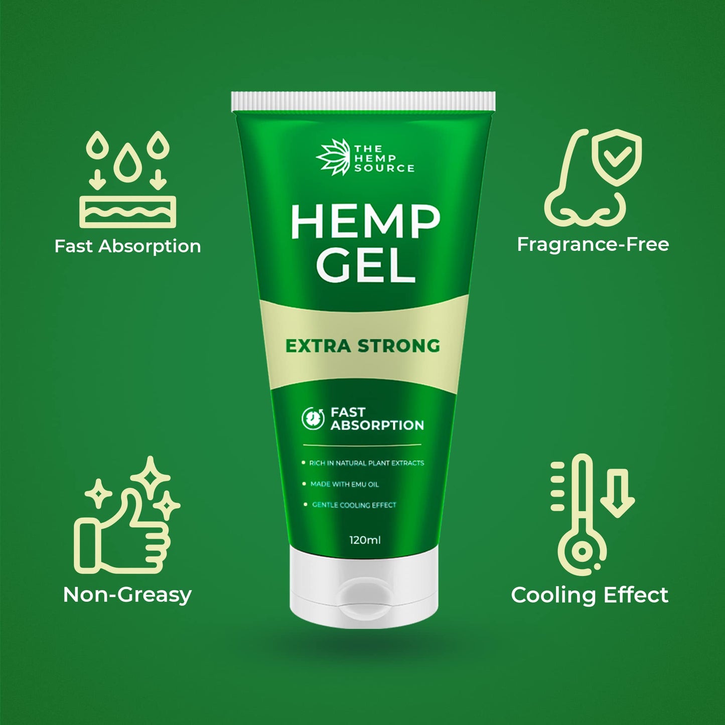 The Hemp Source Hemp Active Gel | High Strength Hemp Oil Formula | Hemp Intensive Gel with Emu Oil, Menthol & Aloe Vera | Rich in Natural Extracts | for Back, Neck, Hands, Feet | Large 120ml Tube