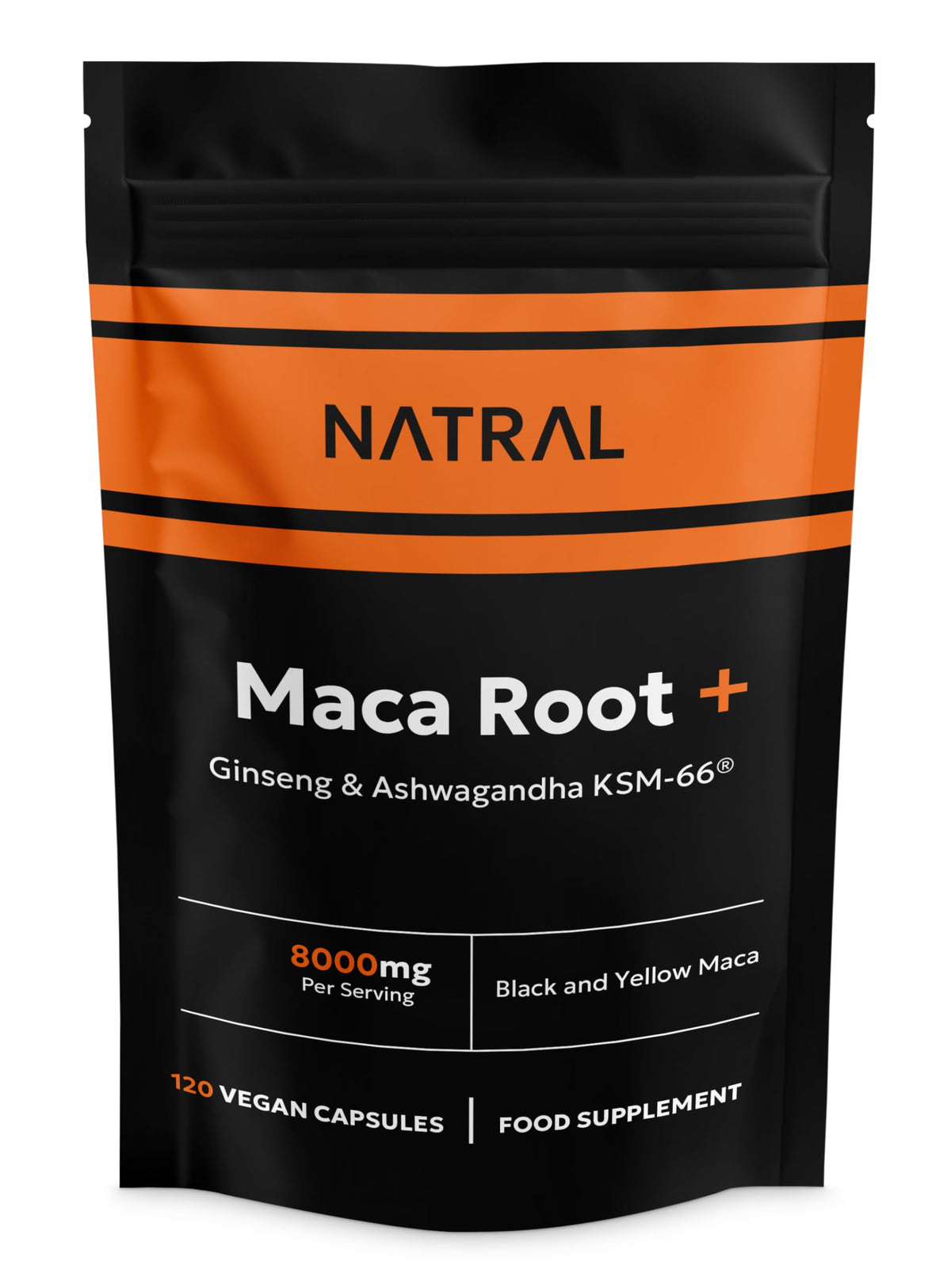 Natral Maca Root Black & Yellow 8000mg Complex enriched with KSM Ashwagandha & Ginseng - 120 High Strength Capsules