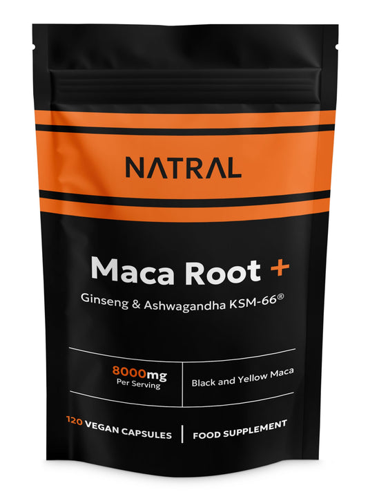 Natral Maca Root Black & Yellow 8000mg Complex enriched with KSM Ashwagandha & Ginseng - 120 High Strength Capsules