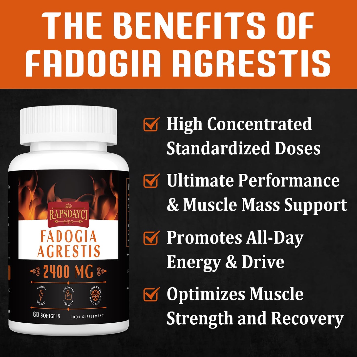 Rapsdayci Fadogia Agrestis 2400mg High Potent 50:1 Ratio Extract Powerful Fadogia Agrestis Supplement, Supports Stamina, Strength, Muscle Health & Recovery, Drive & Performance 60 Count (Pack of 1)