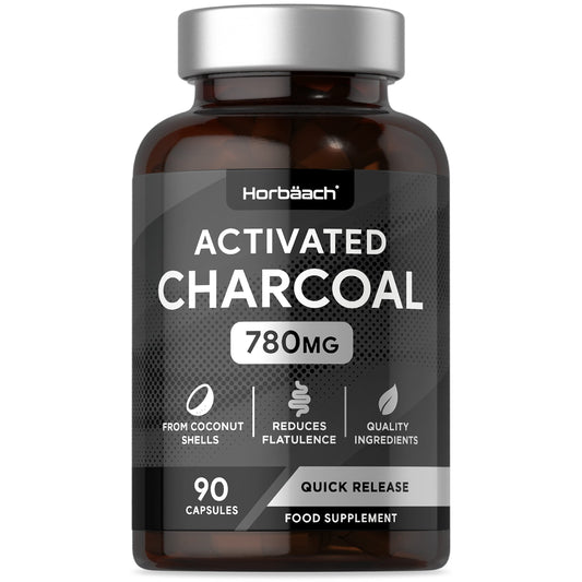 Activated Charcoal Capsules | High Strength 780mg | Digestion Supplement from Natural Coconut | 90 Tablets | by Horbaach