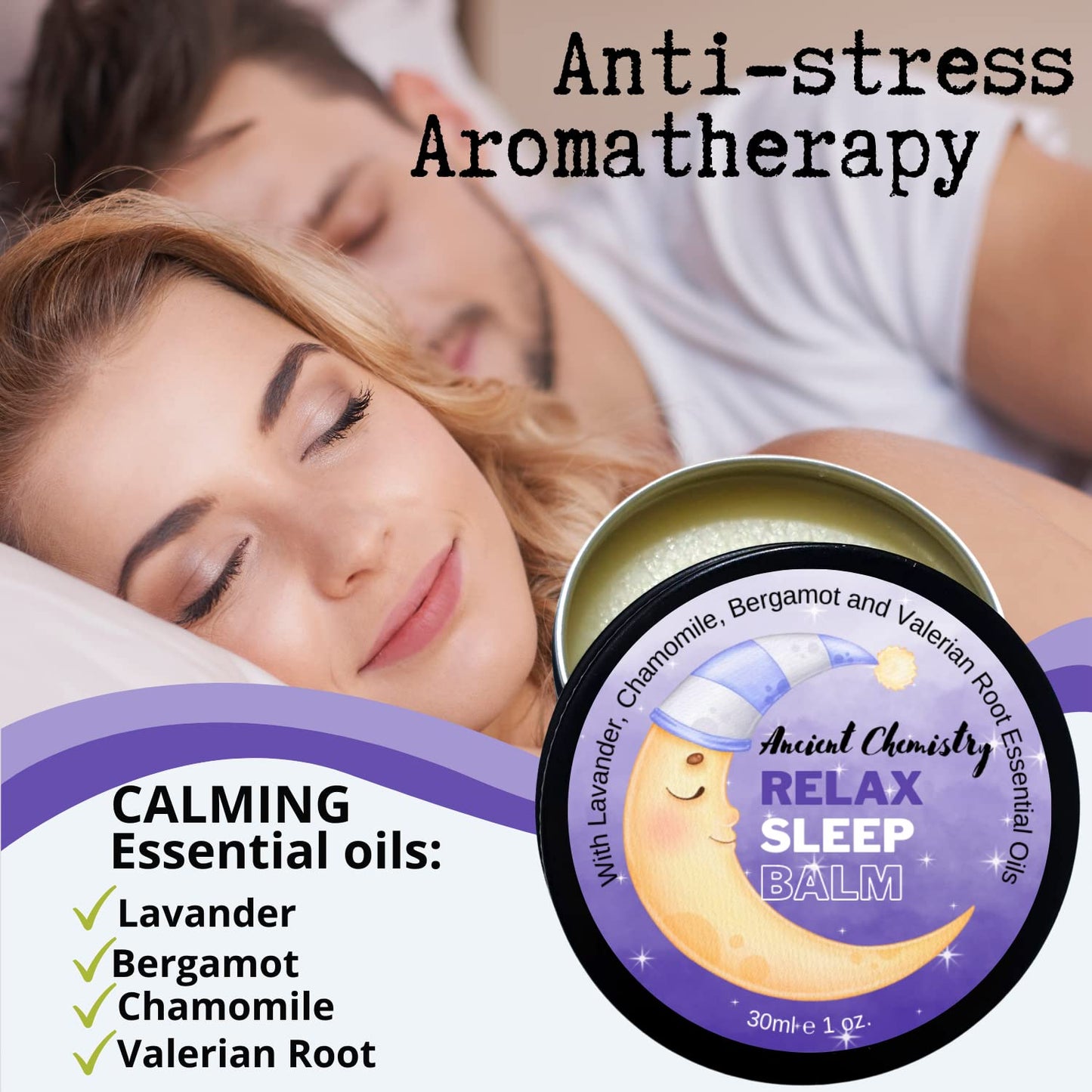 100% Natural Sleep Balm Softens Skin Whilst Relaxing, Sleep Rub on The Temples or Pulse Points, Lavender, Bergamot and Camomile Essential Oil & Valerian Root in Balm for Good Night Sleep aid