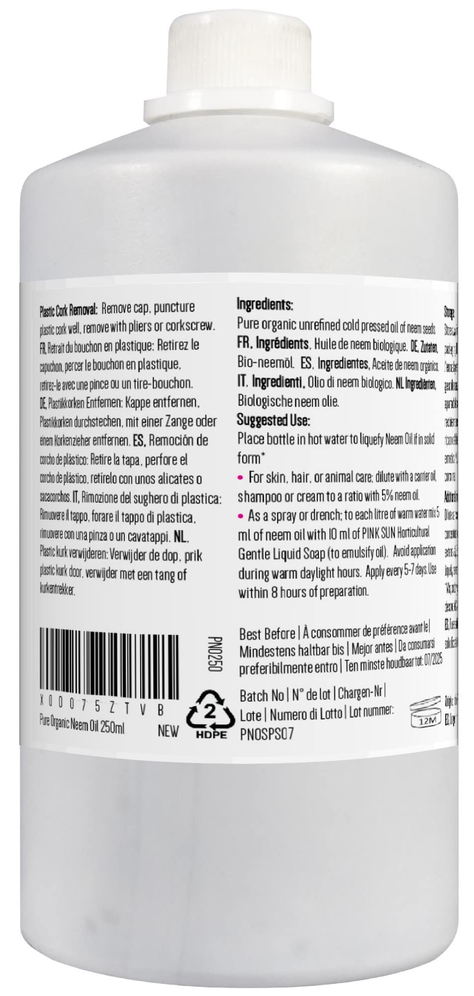Pure Organic Neem Oil 250ml (or Select 1 Litre) Cold Pressed Unrefined Virgin Concentrate - Natural for Plants and Pets Horses Dogs Skin and Hair Care PINK SUN