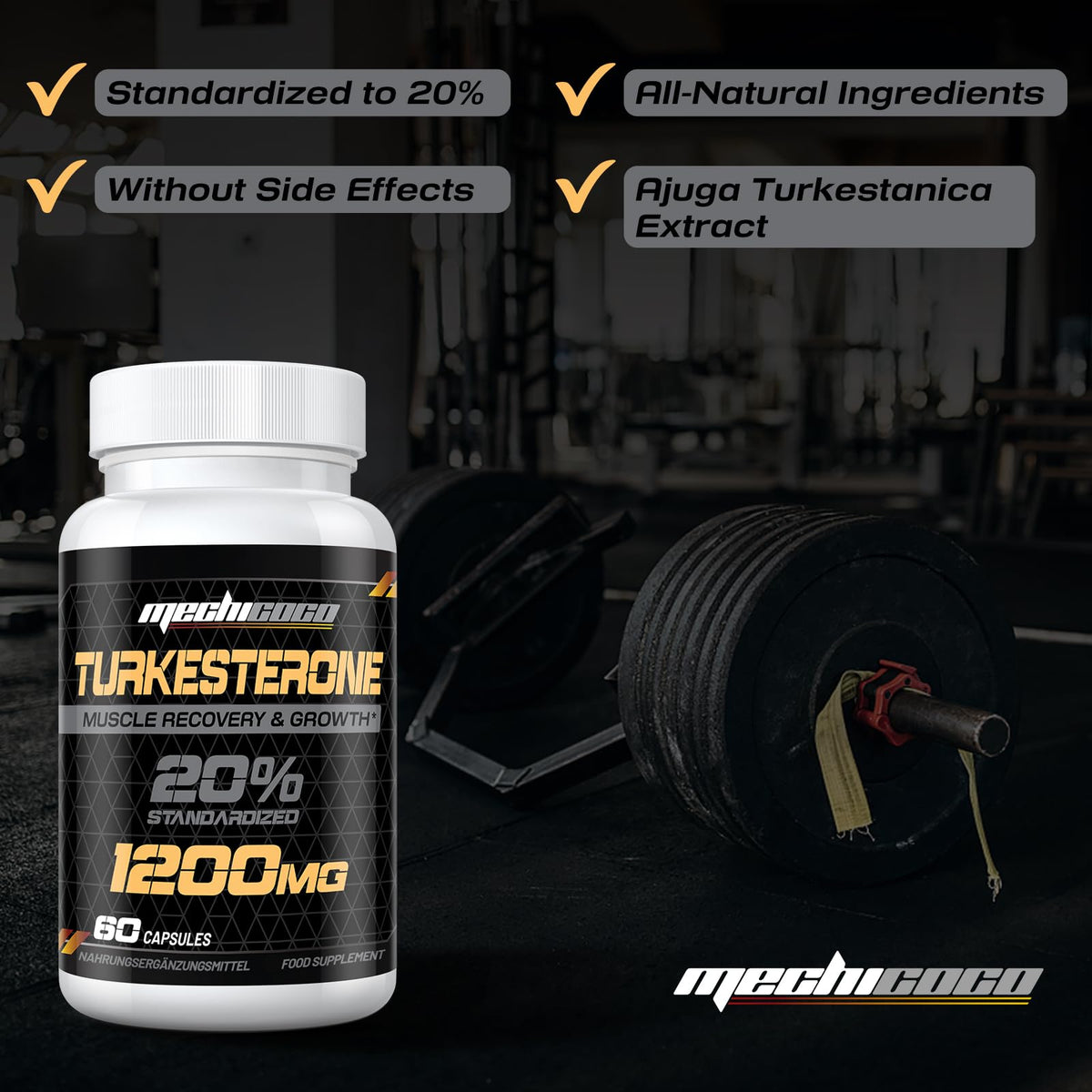 Mechicoco Turkesterone Supplement 1200mg Ajuga Turkestanica Extract - High Strength, Standardized to 20% Turkesterone, Muscle Growth & Strength - Vegan, Free from Soy, Additives