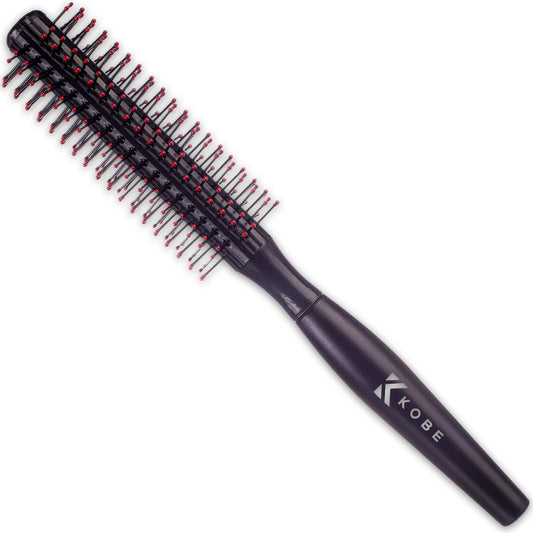 Kobe Professional Small Round Hair Brush and Quiff Roller for Men | Black 15mm 8-Row Double Bristles | Comfort Ball-Tipped Pins, Non-Slip Grip, Anti-Static Volumising Styling Tool Barber Supplies